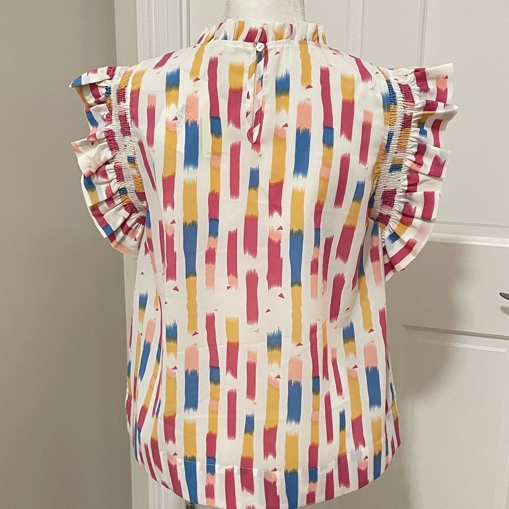 NWT Jodifl women’s abstract top ruffle sleeve shirt SMALL - Picture 8 of 9